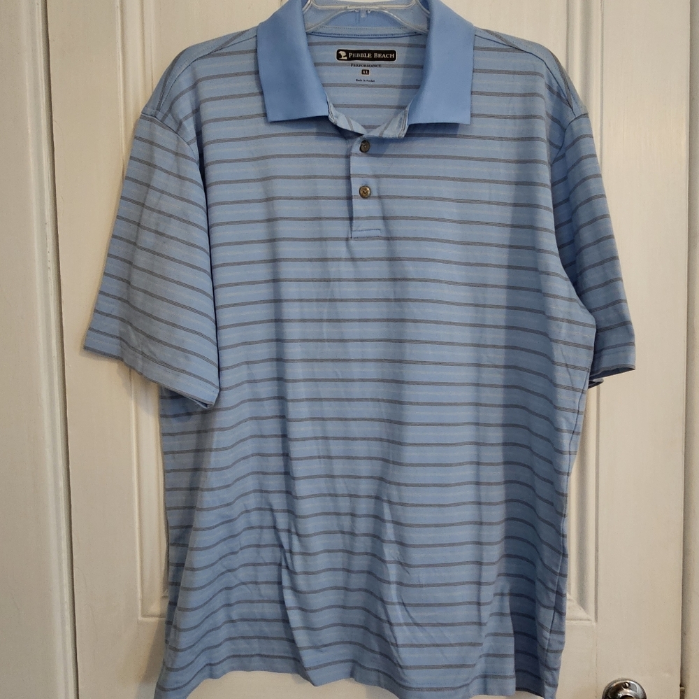 Pebble Beach Men's XL Performance Polo Golf Shirt Blue Striped Pima Cotton Blend
